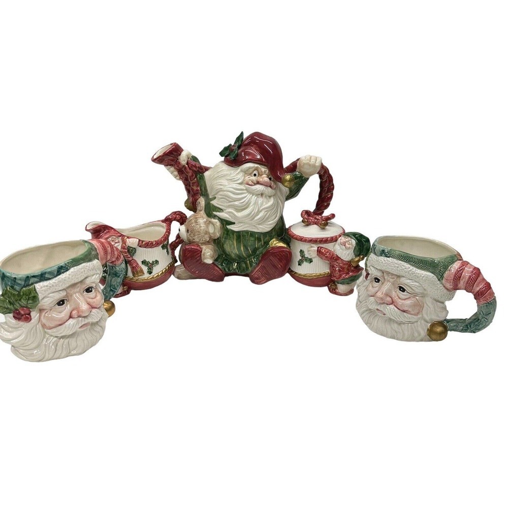VTG Fitz & Floyd Old World Christmas Elf Teapot Santa Creamer & Sugar Cup Set